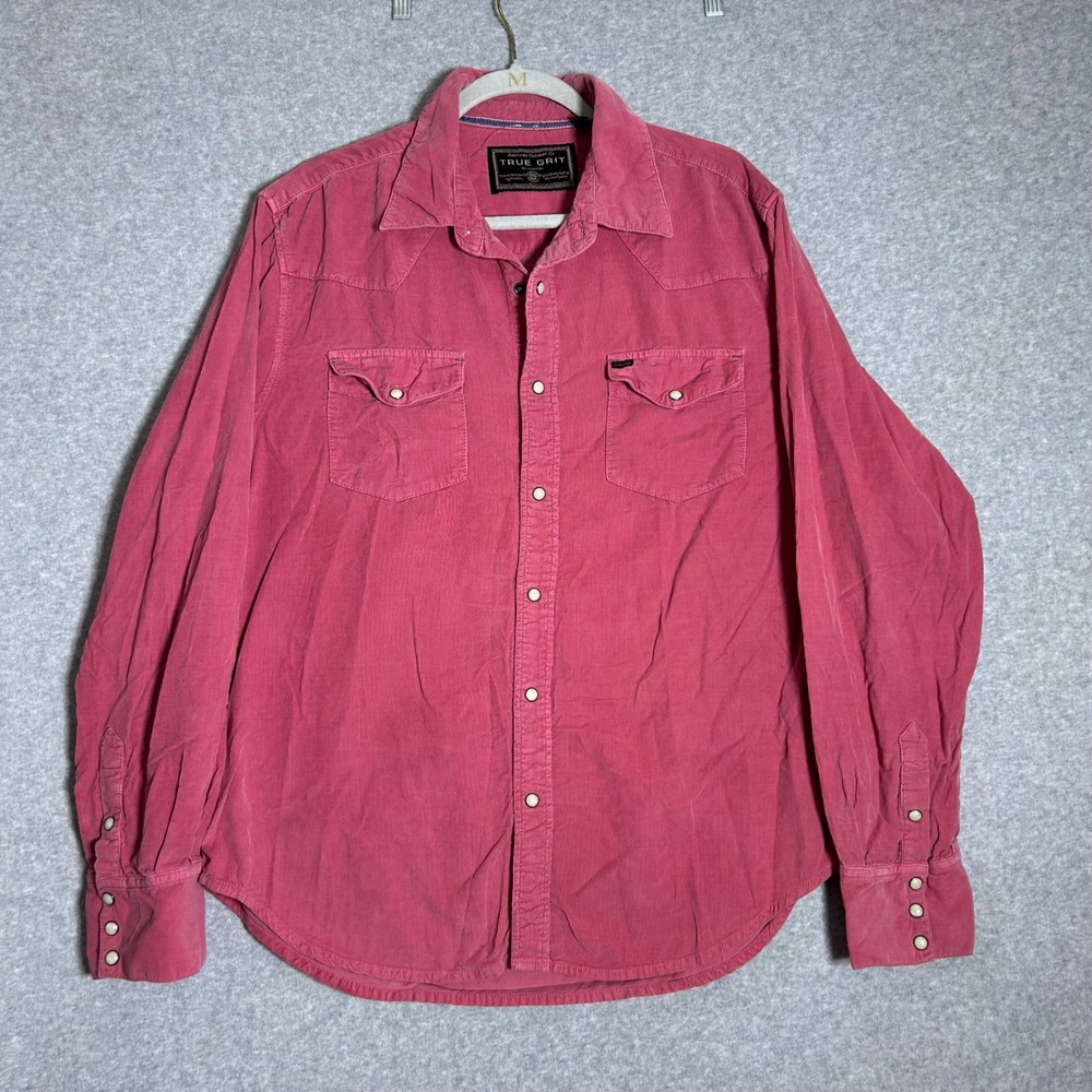 True Grit Western Shirt Men L Pink Corduroy Snap Front Long Sleeve Cowboy Rugged